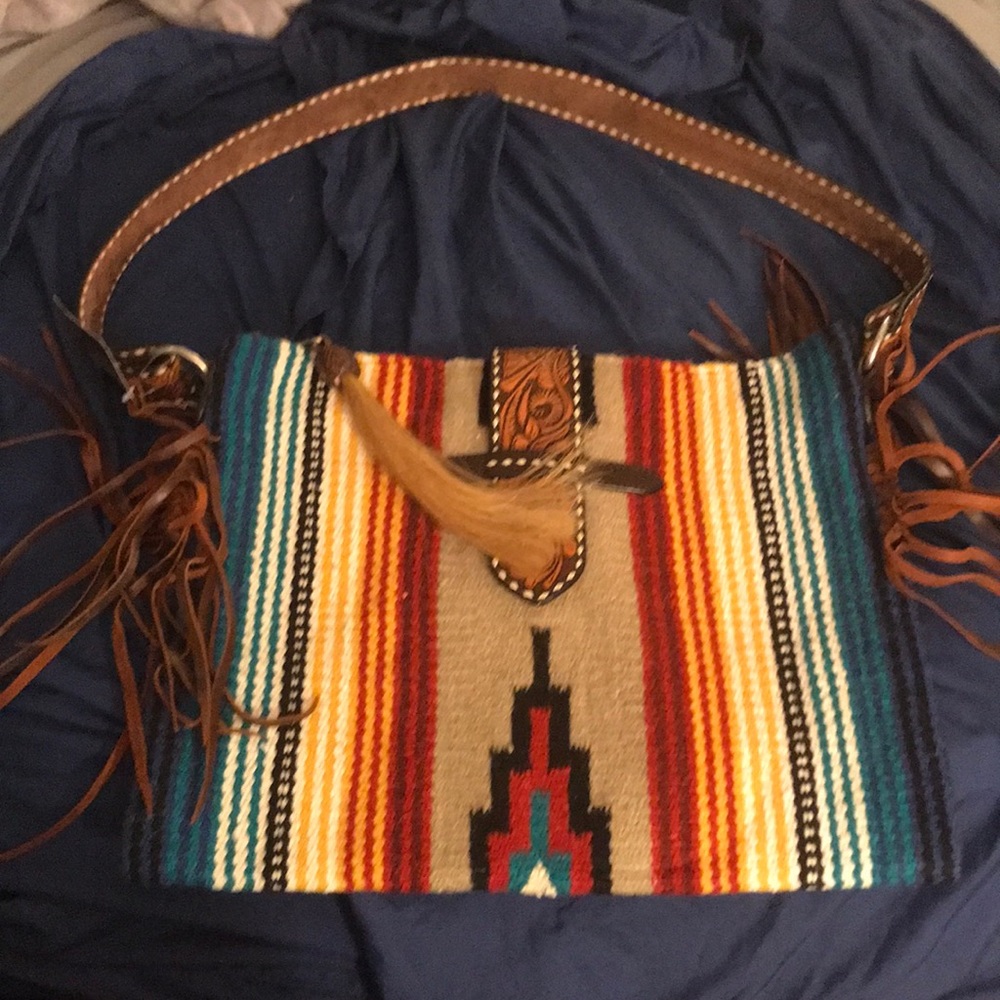 Rafter Ranch Serape Brown Purse with Brown Fringe and Authentic Tooled Leather